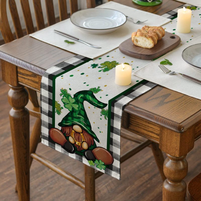 Buffalo Plaid Shamrock Gnome St. Patrick's Day Table Runner, Seasonal Spring Holiday Kitchen Dining Table Decoration for Indoor#