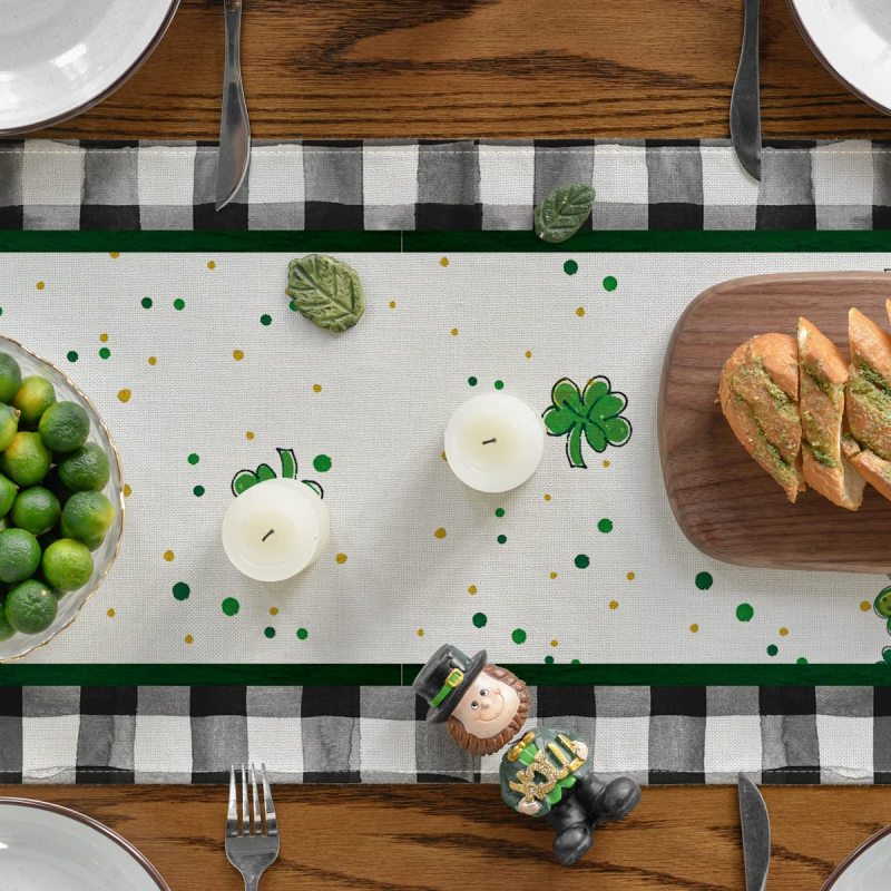 Buffalo Plaid Shamrock Gnome St. Patrick's Day Table Runner, Seasonal Spring Holiday Kitchen Dining Table Decoration for Indoor#