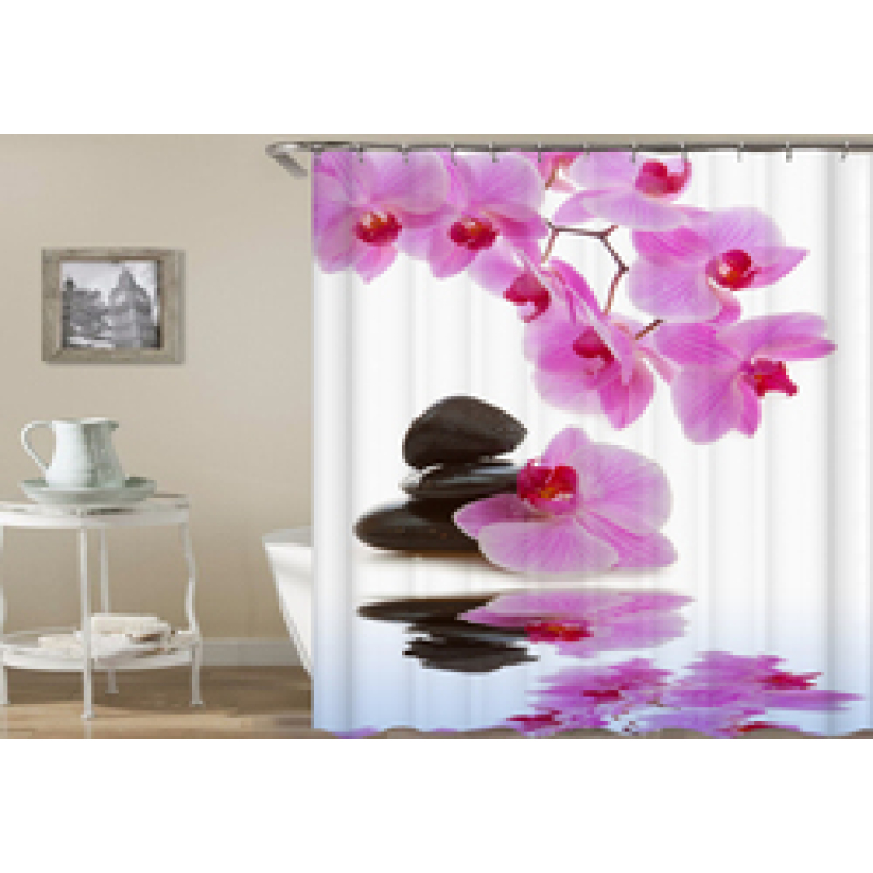 Drop Shipping Watercolor Plant Flower Shower Curtain Art Printed, Abstract Modern Floating Pink Floral Gray Shower Curtain#