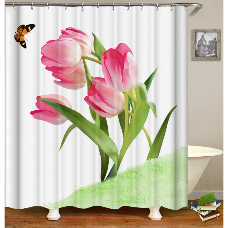 Drop Shipping Watercolor Plant Flower Shower Curtain Art Printed, Abstract Modern Floating Pink Floral Gray Shower Curtain#