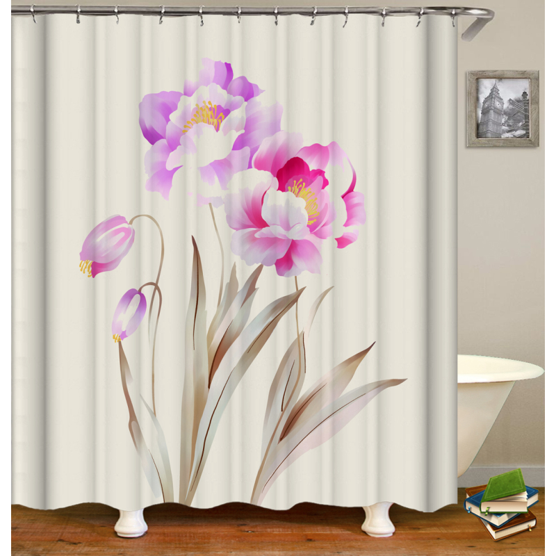 Drop Shipping Watercolor Plant Flower Shower Curtain Art Printed, Abstract Modern Floating Pink Floral Gray Shower Curtain#