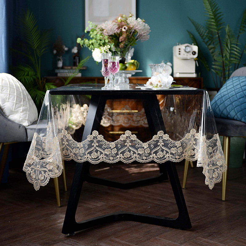 Finished Product Sales square pvc transparent 130x180 with lace tablecloth for kitchen