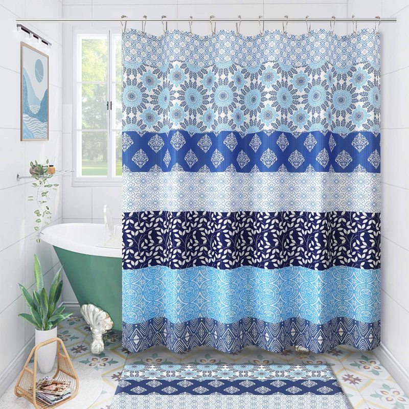 Waffle Weave Shower Curtains,  OEM Factory Printed Shower Curtains with Tassel$