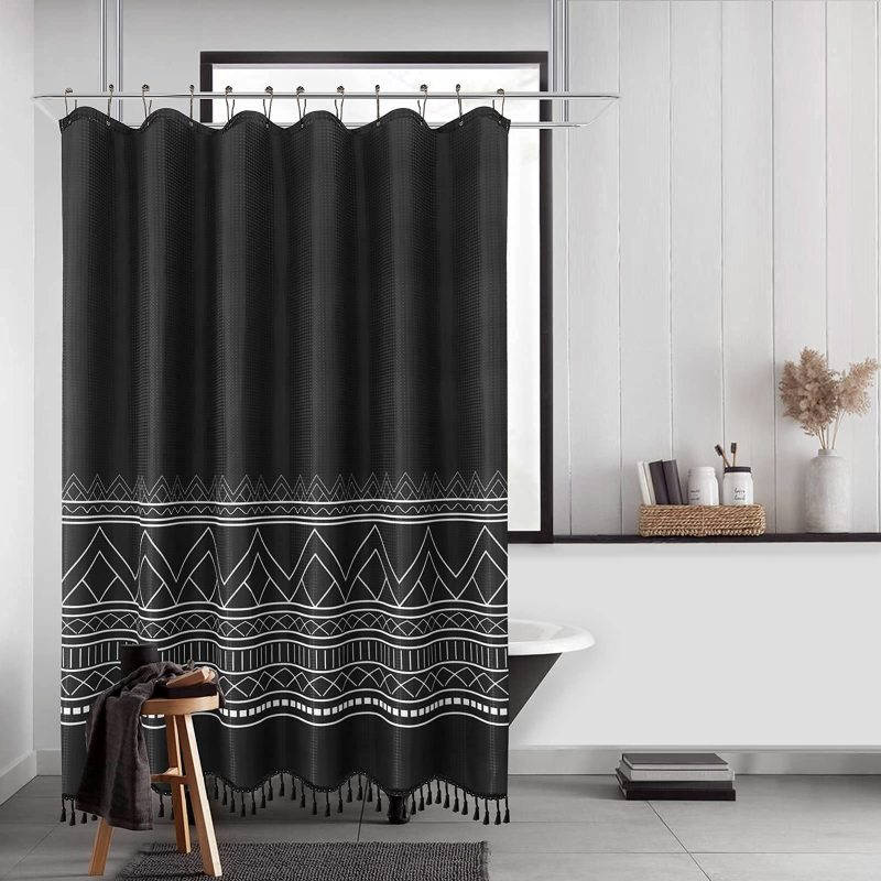 Waffle Weave Shower Curtains,  OEM Factory Printed Shower Curtains with Tassel$