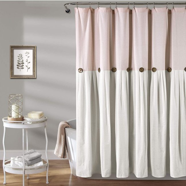 Blush and white linen button shower curtain,Wholesale Decor Shower Curtains For Bathroom