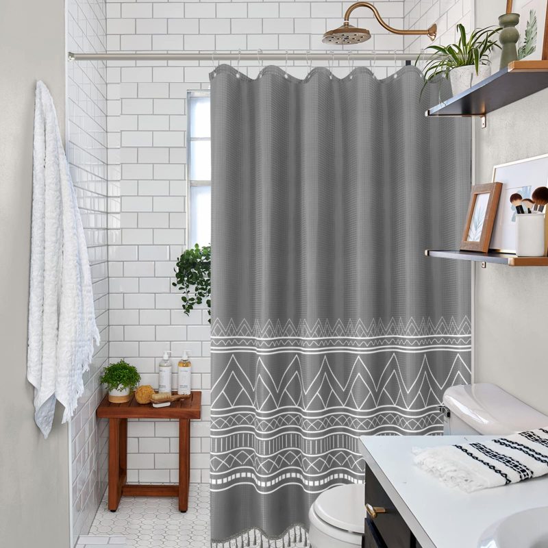 Waterproof Printing Bathroom Shower Curtains with Tassel, Waffle Bath Curtain for Bathroom$