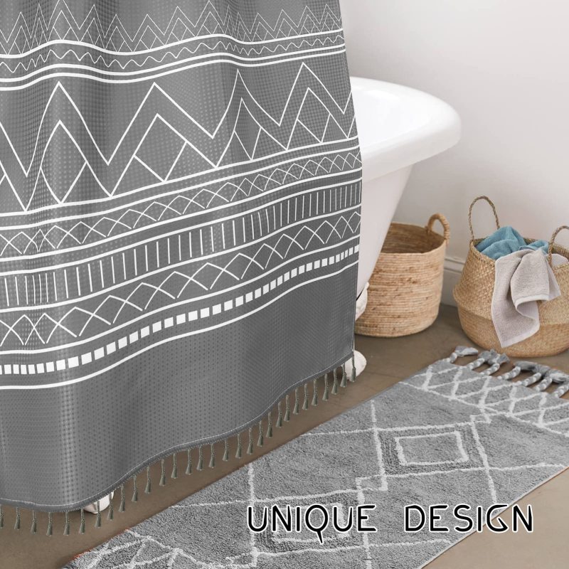 Waterproof Printing Bathroom Shower Curtains with Tassel, Waffle Bath Curtain for Bathroom$