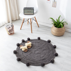 Polyester Pure handmade style Wool woven round floor mat rug pom poms Carpet for Bay window next to bedroom bed