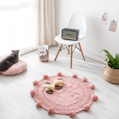 Polyester Pure handmade style Wool woven round floor mat rug pom poms Carpet for Bay window next to bedroom bed