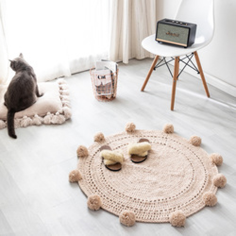 Polyester Pure handmade style Wool woven round floor mat rug pom poms Carpet for Bay window next to bedroom bed