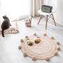 Polyester Pure handmade style Wool woven round floor mat rug pom poms Carpet for Bay window next to bedroom bed