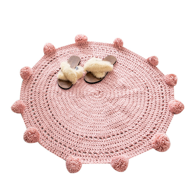 Polyester Pure handmade style Wool woven round floor mat rug pom poms Carpet for Bay window next to bedroom bed