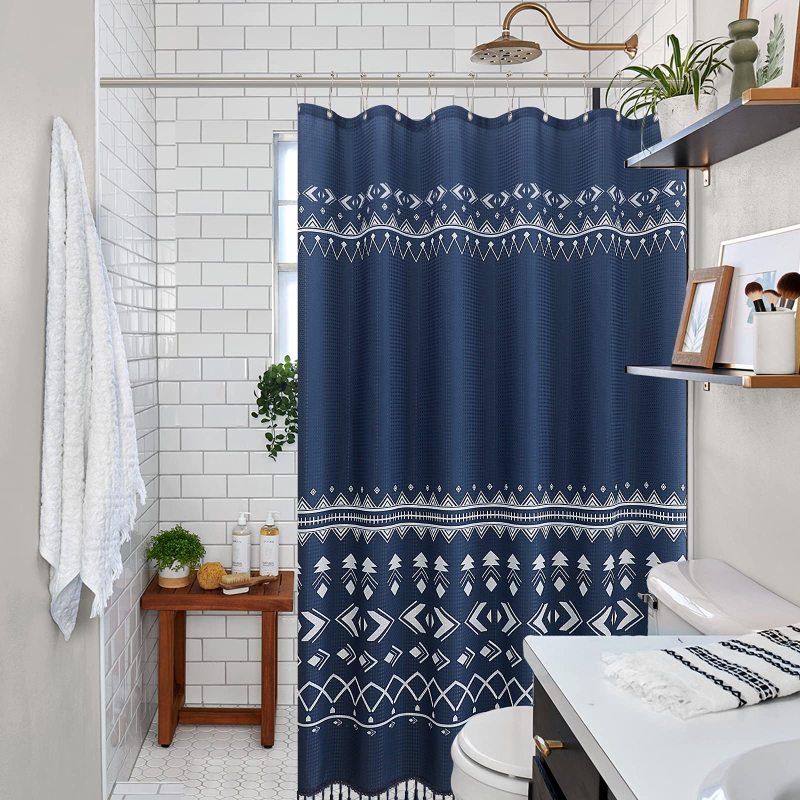 Modern Waterproof Bathroom Shower Curtain, Waffle Printed Bathing Curtain With Tassel$