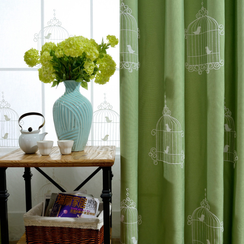 Fresh Pastoral Cotton And Hemp Embroidered Green Curtain, Factory Direct Sales Embroidered Curtain#