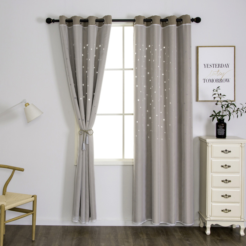 Amazon Tulle Hollow Star Double-layer Blackout Curtain ,European-style creative beige decorative blackout curtains/