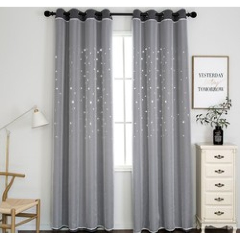 Amazon Tulle Hollow Star Double-layer Blackout Curtain ,European-style creative beige decorative blackout curtains/