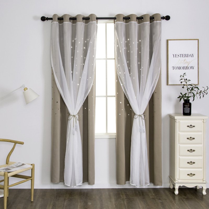 Amazon Tulle Hollow Star Double-layer Blackout Curtain ,European-style creative beige decorative blackout curtains/