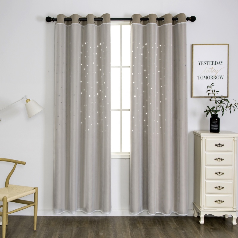 Amazon Tulle Hollow Star Double-layer Blackout Curtain ,European-style creative beige decorative blackout curtains/