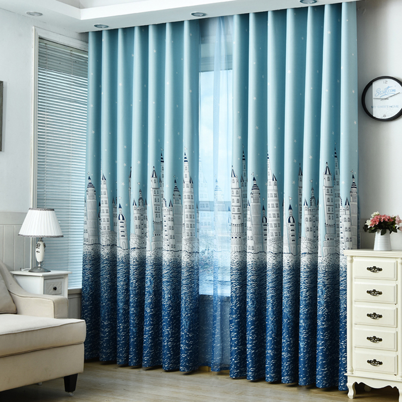 Nice town drapes Curtain Modern Castle Blackout Cloth Bay Window,Kids Study Room Children Bedroom Blue Curtain Tulle/