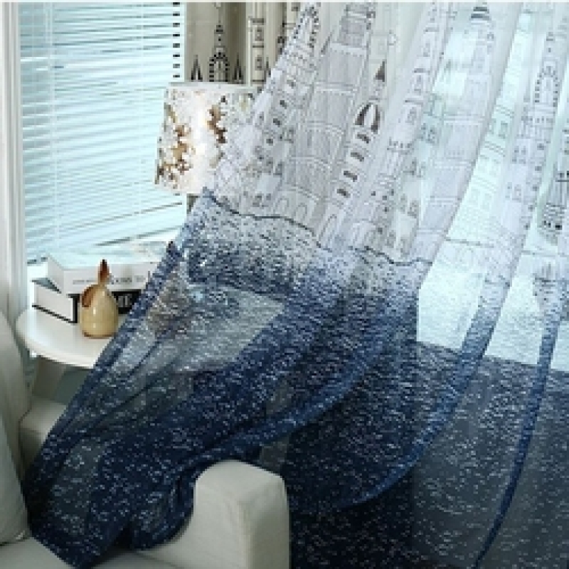 Nice town drapes Curtain Modern Castle Blackout Cloth Bay Window,Kids Study Room Children Bedroom Blue Curtain Tulle/