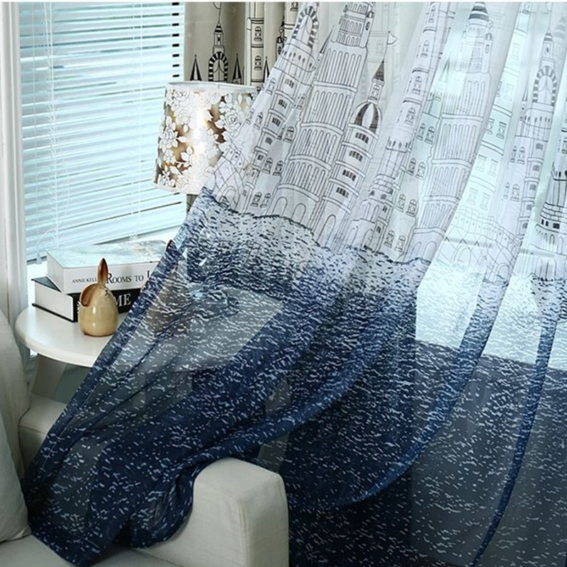 Nice town drapes Curtain Modern Castle Blackout Cloth Bay Window,Kids Study Room Children Bedroom Blue Curtain Tulle/