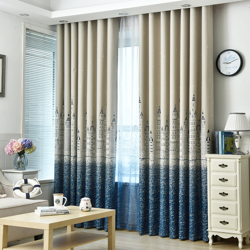 Nice town drapes Curtain Modern Castle Blackout Cloth Bay Window,Kids Study Room Children Bedroom Blue Curtain Tulle/