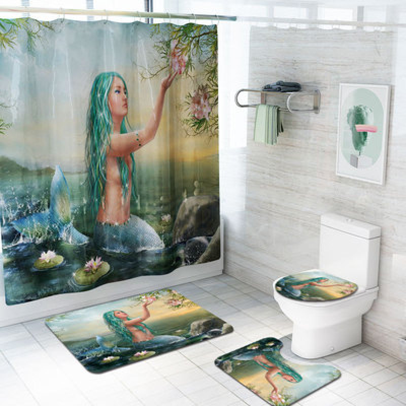 Hot Printing Print Shower Curtain Set Carpet Floor Mat Set Four-piece CombinationCool Polyester Shower Curtain