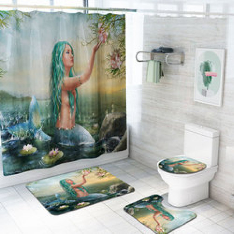 Hot Printing Print Shower Curtain Set Carpet Floor Mat Set Four-piece CombinationCool Polyester Shower Curtain