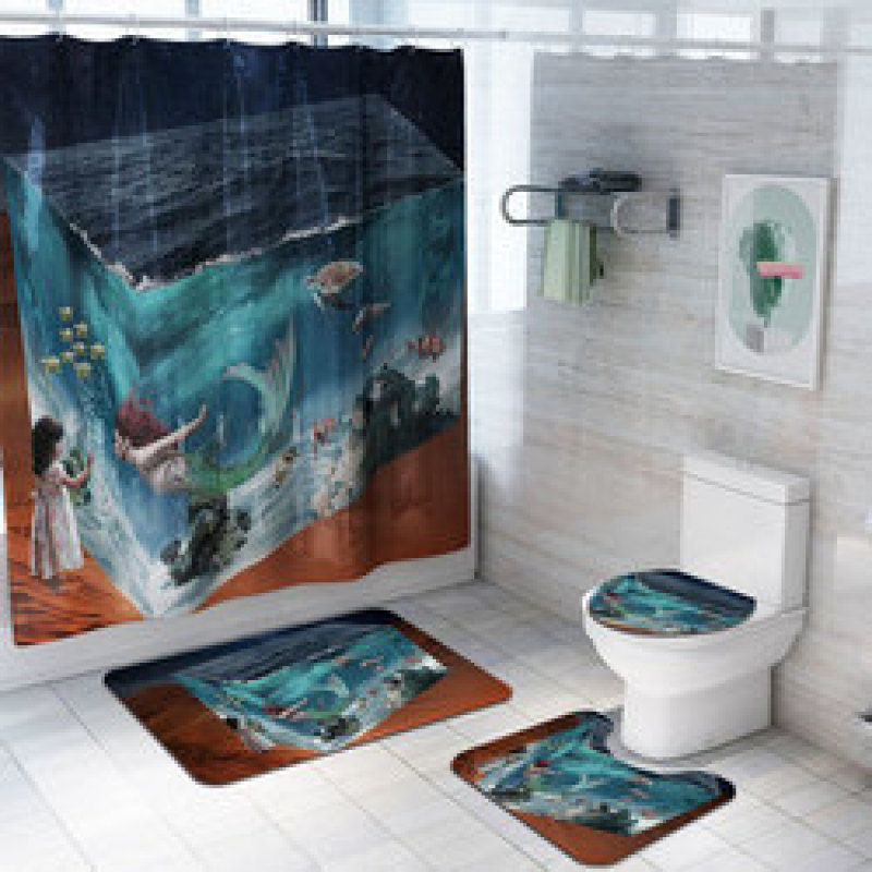 Hot Printing Print Shower Curtain Set Carpet Floor Mat Set Four-piece CombinationCool Polyester Shower Curtain