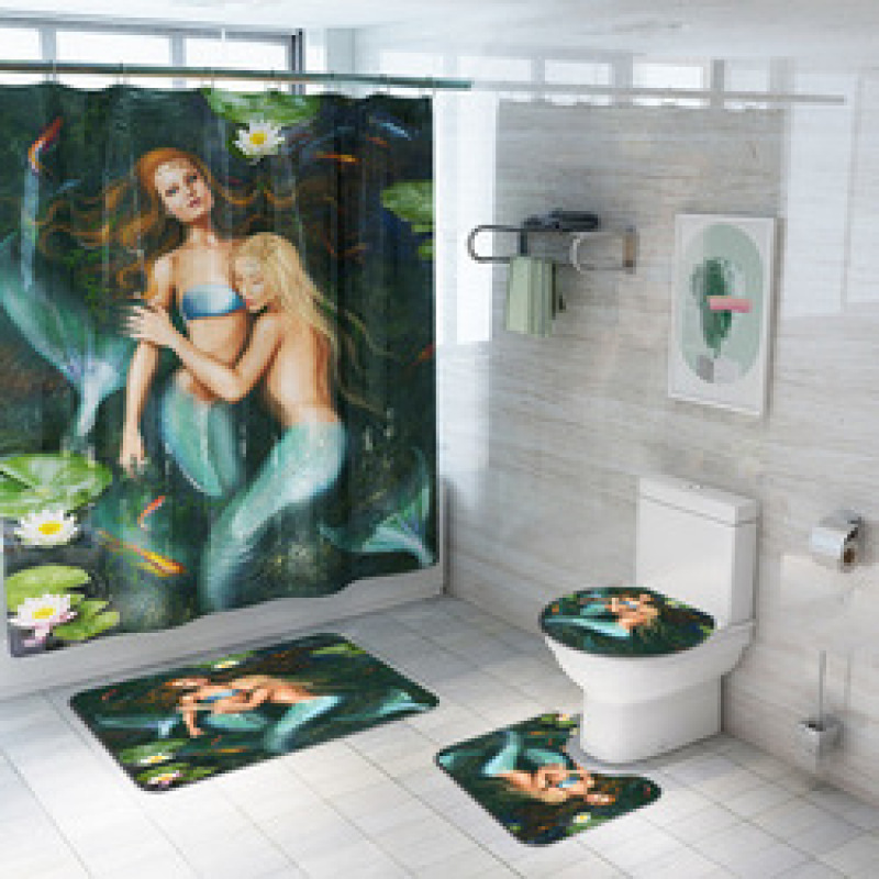 Hot Printing Print Shower Curtain Set Carpet Floor Mat Set Four-piece CombinationCool Polyester Shower Curtain