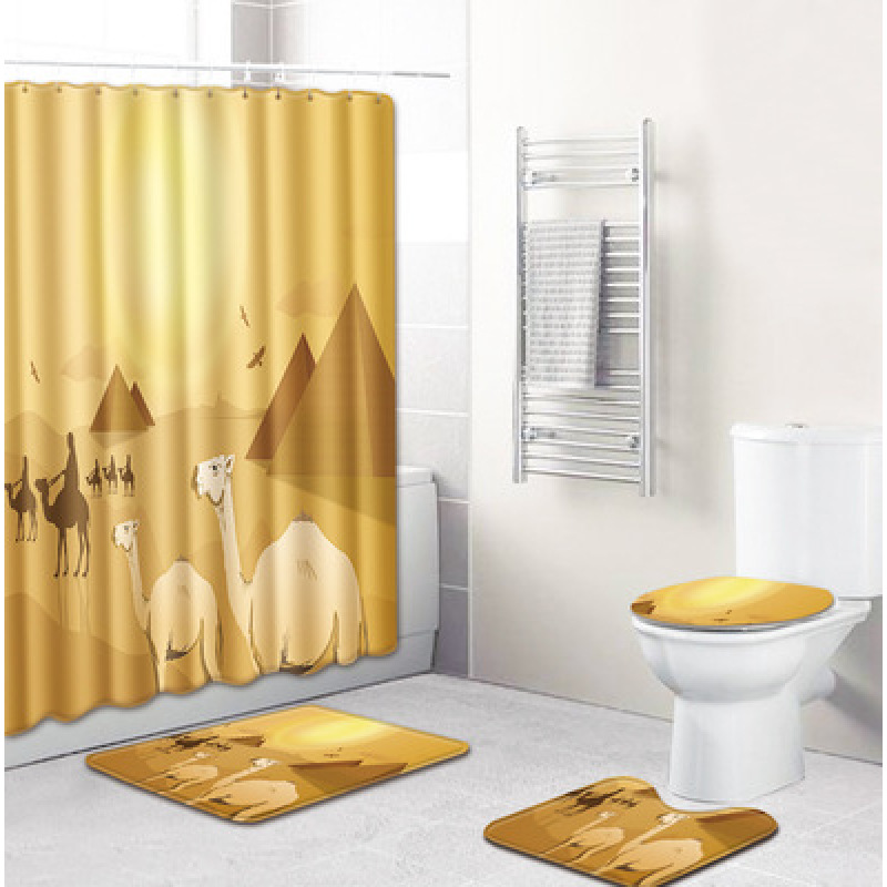 3D Shower Curtain Egyptian,Egyptian Bathroom Toilet Four-Piece Floor Mat Door Mat Bathroom Carpet/