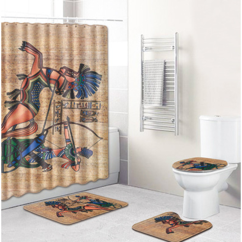 3D Shower Curtain Egyptian,Egyptian Bathroom Toilet Four-Piece Floor Mat Door Mat Bathroom Carpet/