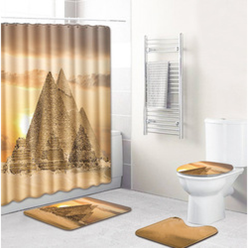 3D Shower Curtain Egyptian,Egyptian Bathroom Toilet Four-Piece Floor Mat Door Mat Bathroom Carpet/