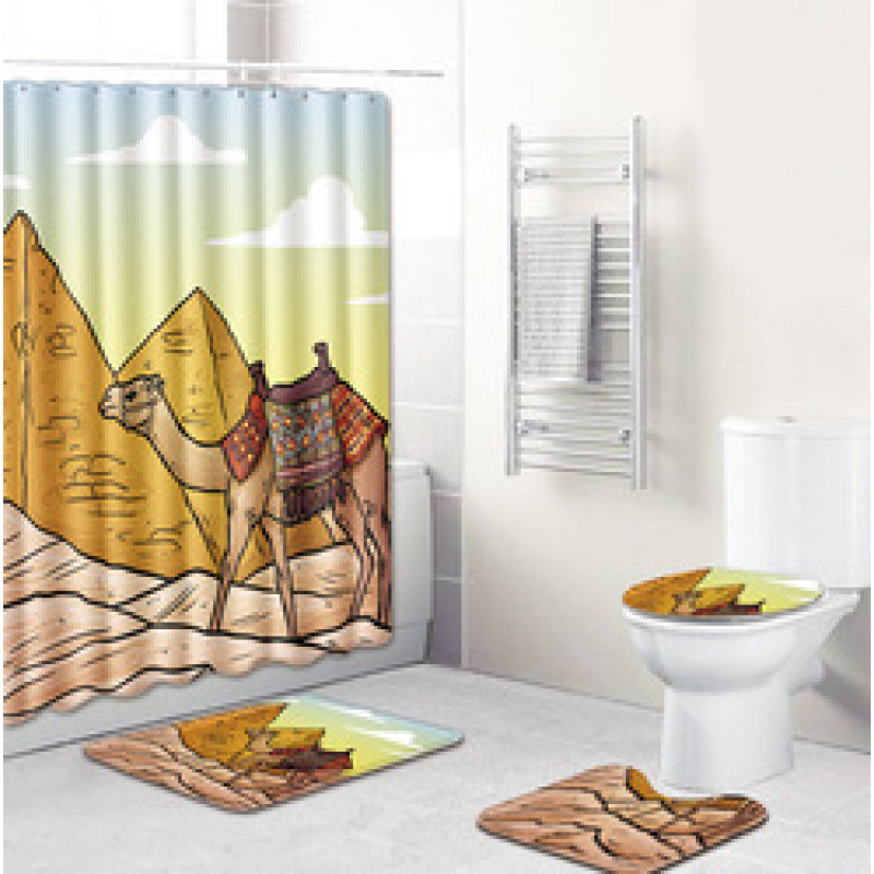 3D Shower Curtain Egyptian,Egyptian Bathroom Toilet Four-Piece Floor Mat Door Mat Bathroom Carpet/