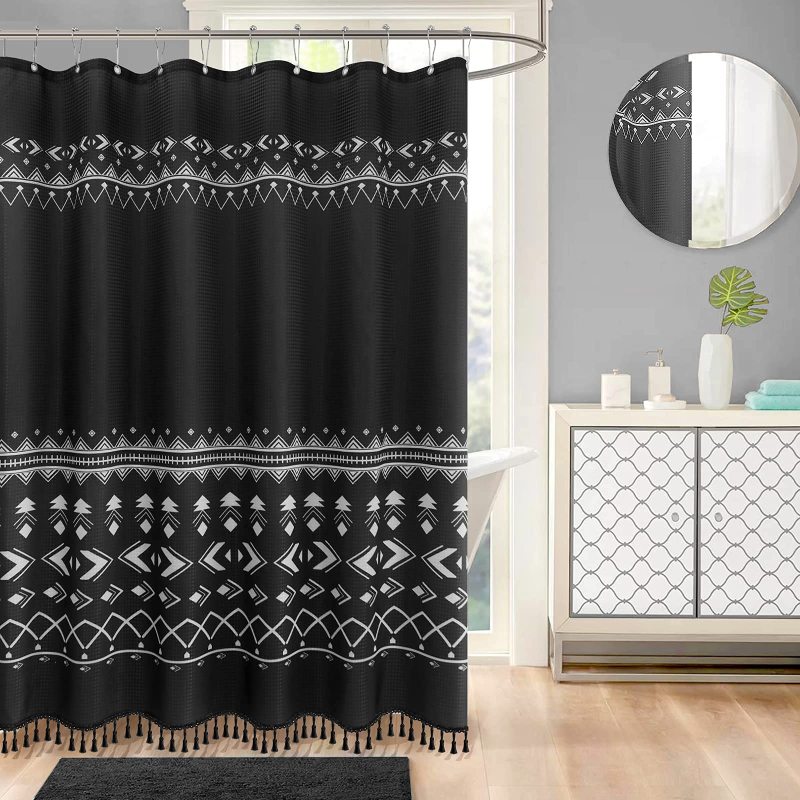 Custom Factory Waffle Weave Shower Curtains,  Wholesale Printed Shower Curtains with Tassel$