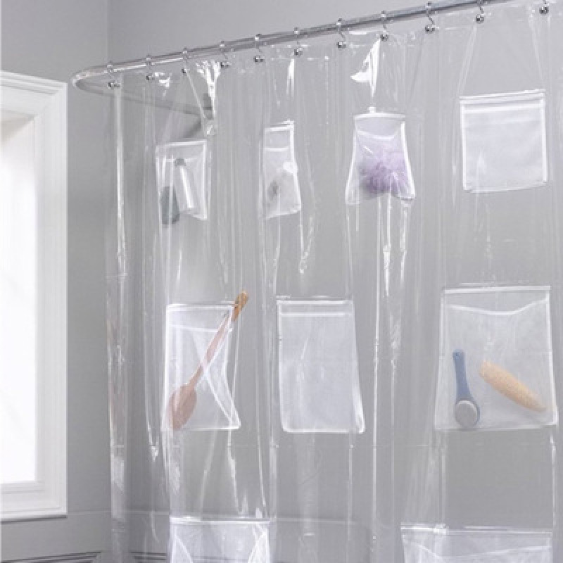 New Translucent With Pocket Shower Curtain, Multi-Purpose Multi-Purpose Bathroom Storage Waterproof Mildew Thick Pocket