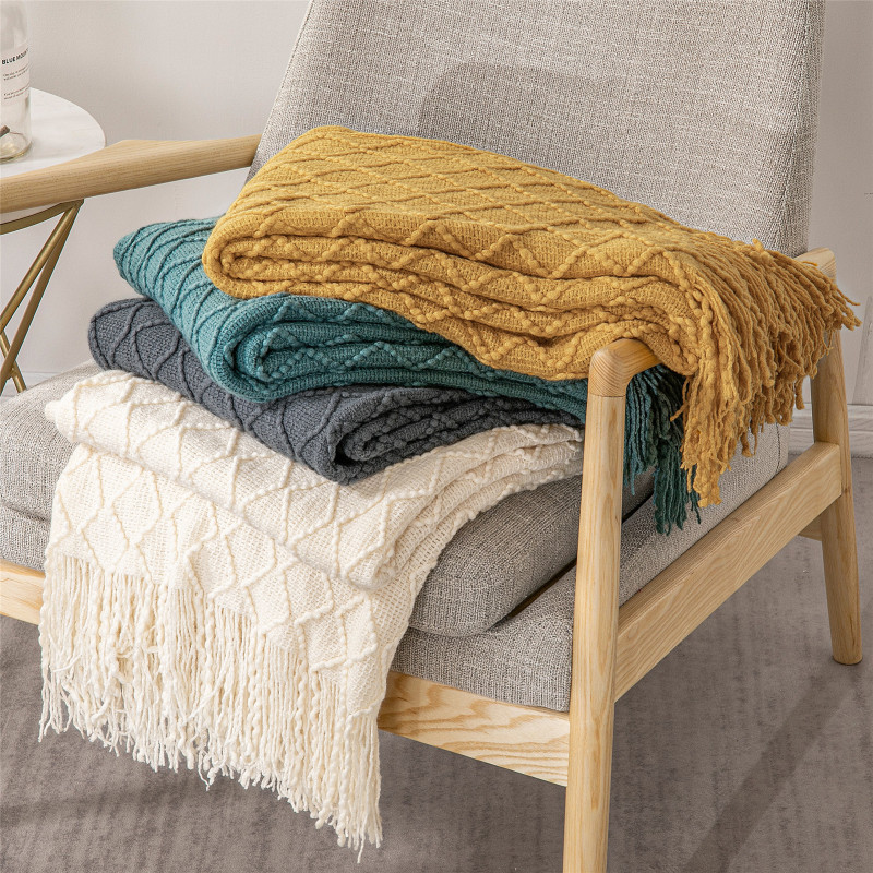 dark grey Knitted Blanket Geometric Sofa Blanket Cover with Tassel Travel Line Blanket Home Decoration/