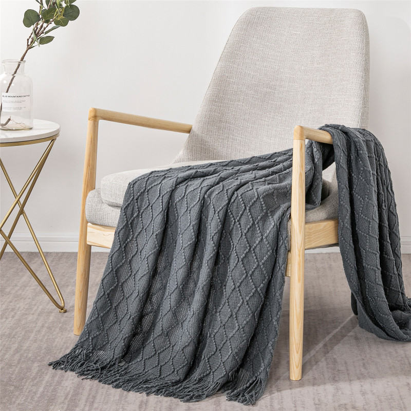 dark grey Knitted Blanket Geometric Sofa Blanket Cover with Tassel Travel Line Blanket Home Decoration/