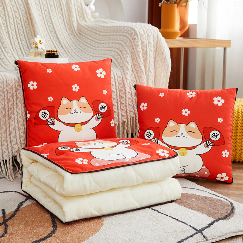 Dual use both Polyester cotton filling short plush printing Precision quilting blanket and pillow cushion for office sofa