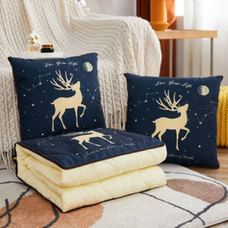 Dual use both Polyester cotton filling short plush printing Precision quilting blanket and pillow cushion for office sofa
