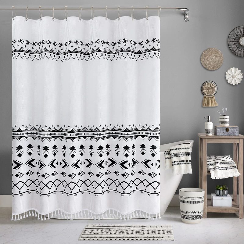 Printing Waffle Weave Shower Curtains,  OEM Factory Wholesale Shower Curtains with Tassel$