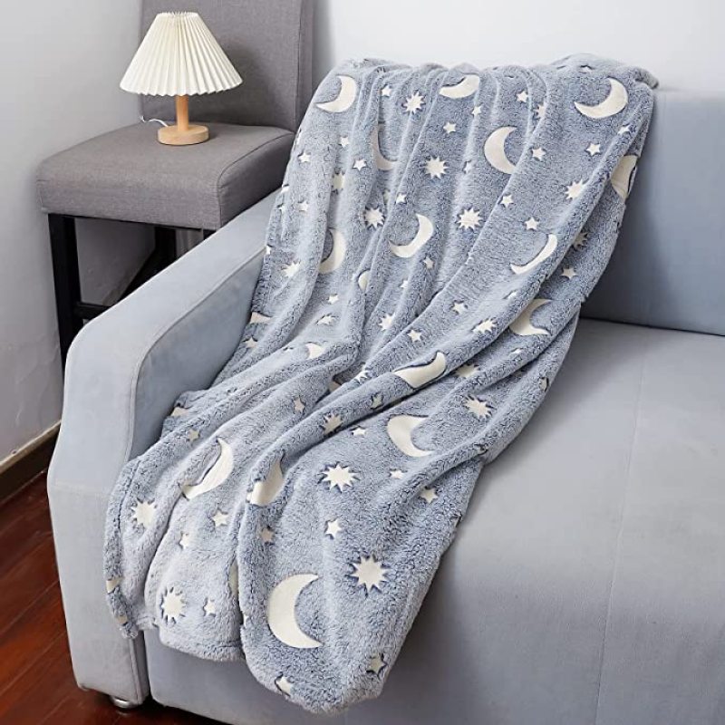 2022 Soft Fleece with Star Moon Pattern Glow in the Dark Throw luminous Blanket for Kids Fits All Seasons Gray