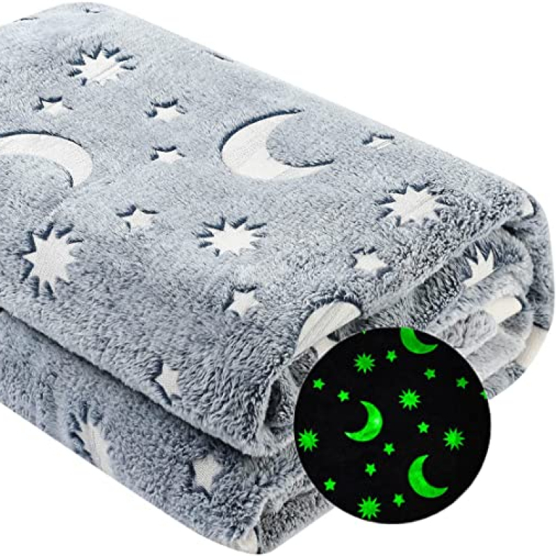 2022 Soft Fleece with Star Moon Pattern Glow in the Dark Throw luminous Blanket for Kids Fits All Seasons Gray