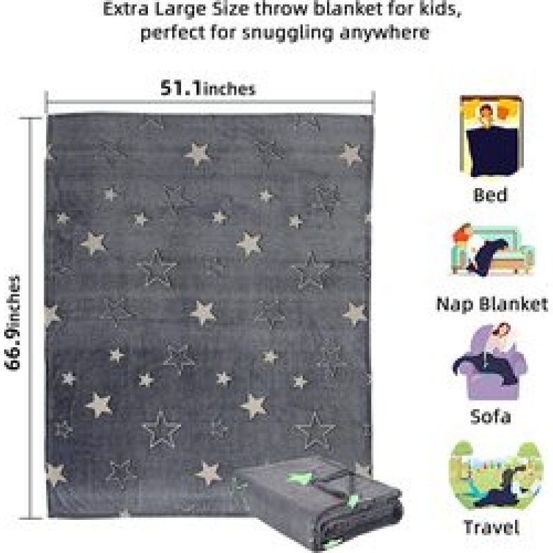 2022 Soft Fleece with Star Moon Pattern Glow in the Dark Throw luminous Blanket for Kids Fits All Seasons Gray
