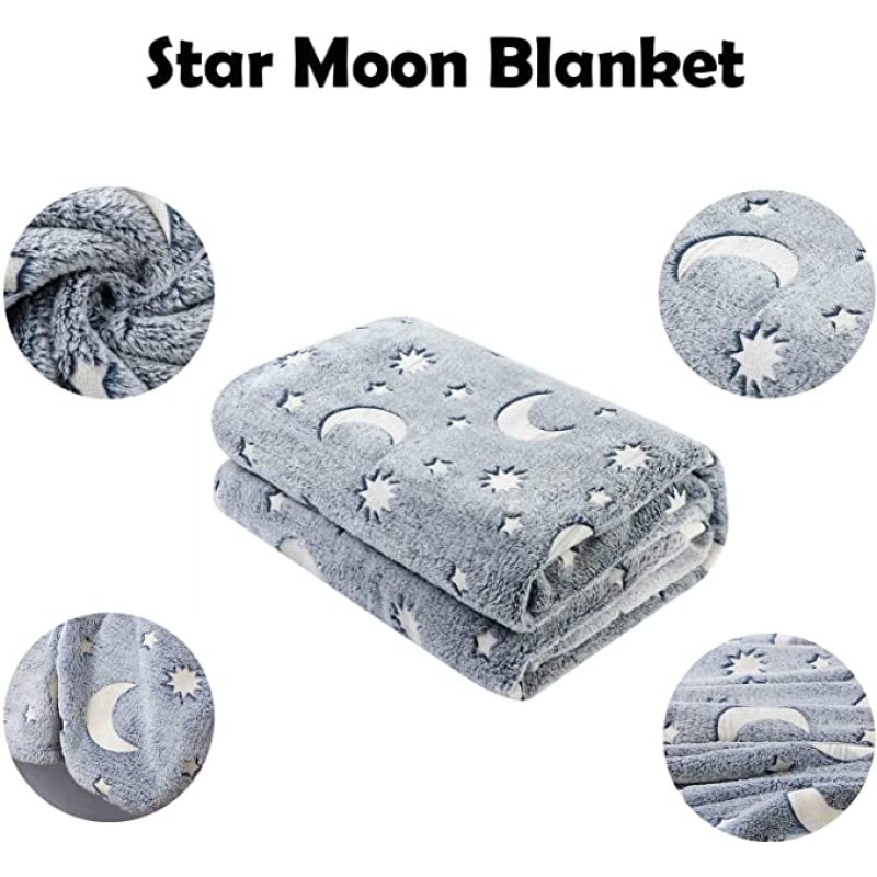 2022 Soft Fleece with Star Moon Pattern Glow in the Dark Throw luminous Blanket for Kids Fits All Seasons Gray