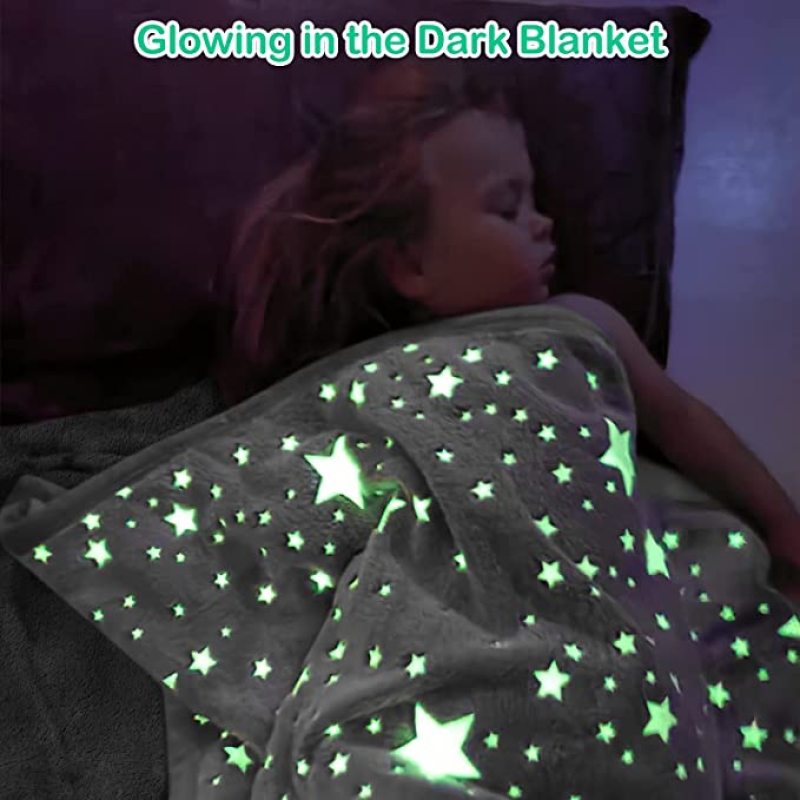 2022 Soft Fleece with Star Moon Pattern Glow in the Dark Throw luminous Blanket for Kids Fits All Seasons Gray