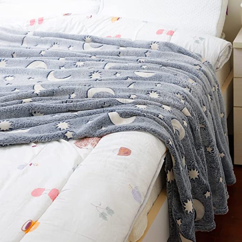 2022 Soft Fleece with Star Moon Pattern Glow in the Dark Throw luminous Blanket for Kids Fits All Seasons Gray