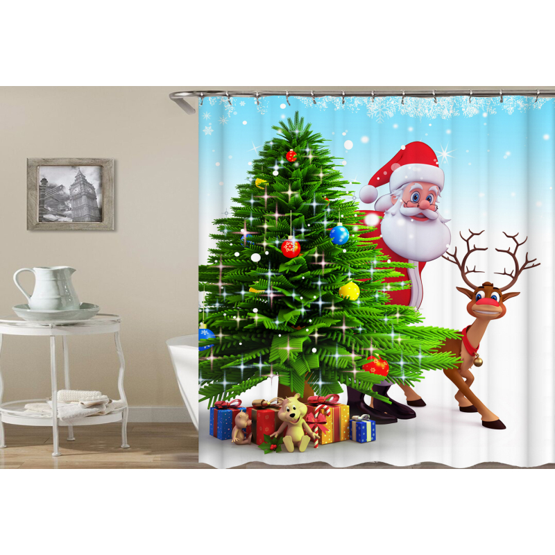 drop shipping Merry Christmas Fabric Shower Curtain with 12 Hooks Santa Claus Bathroom Curtains #
