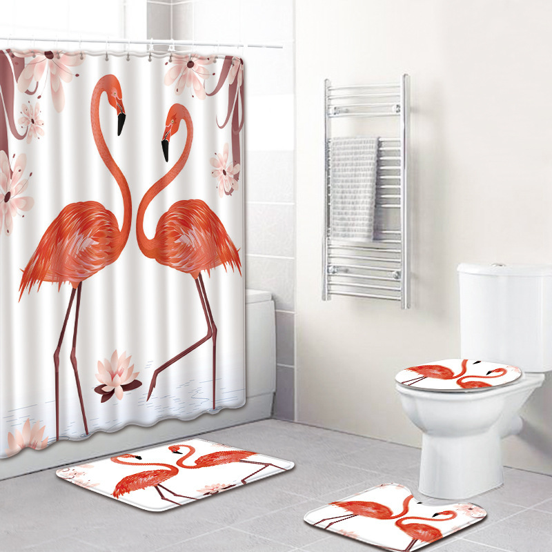Ensemble rideau de douche en polyester à motif flamant rose avec tapis de bain antidérapant, tapis de bain et rideau de bain imperméable et durable.