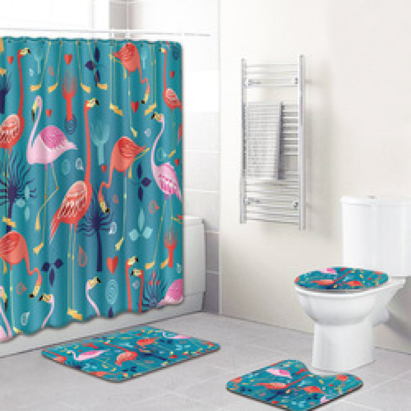 Ensemble rideau de douche en polyester à motif flamant rose avec tapis de bain antidérapant, tapis de bain et rideau de bain imperméable et durable.